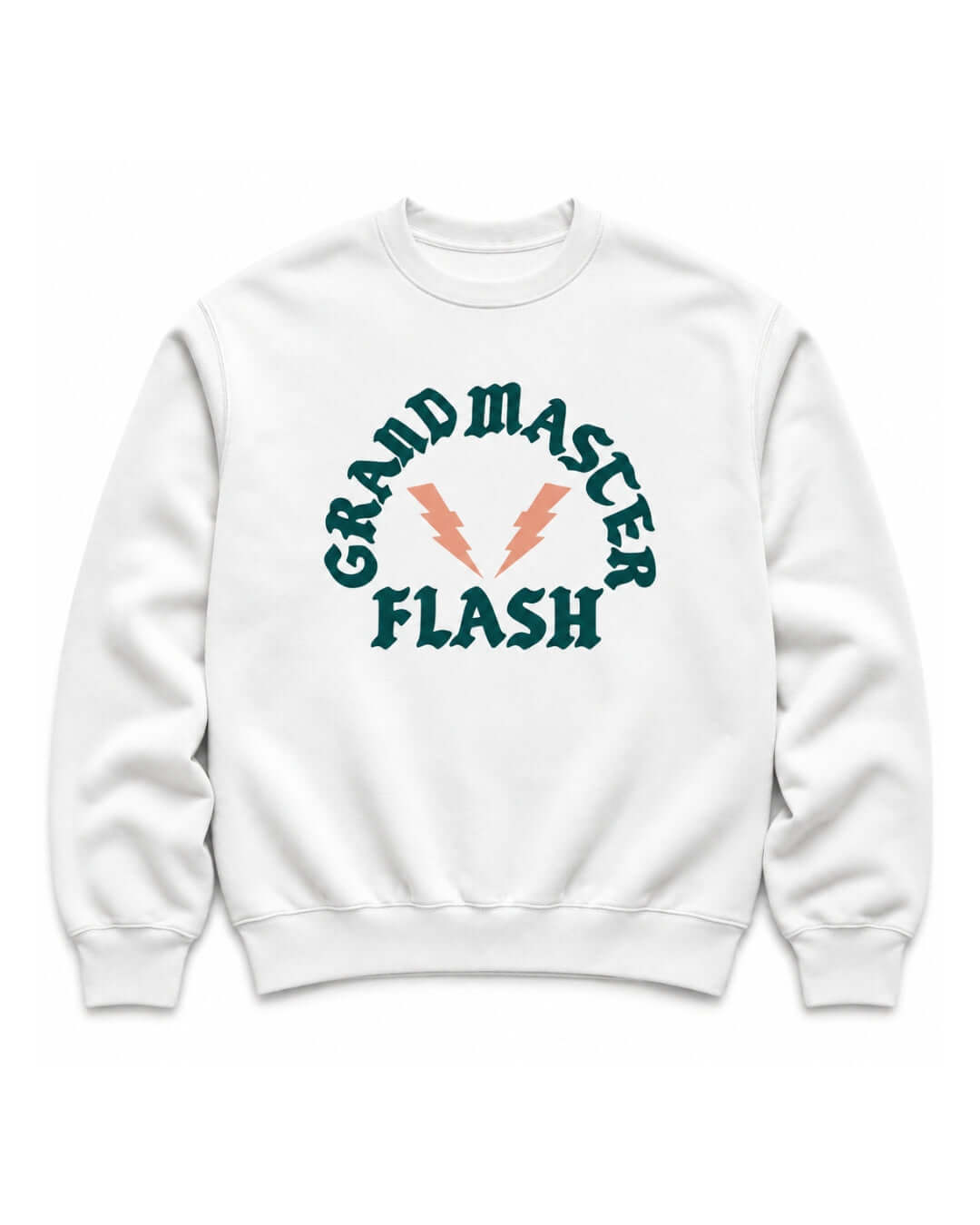 White BINKY Flashback Heavy Sweater with pine graphic and peach lightning