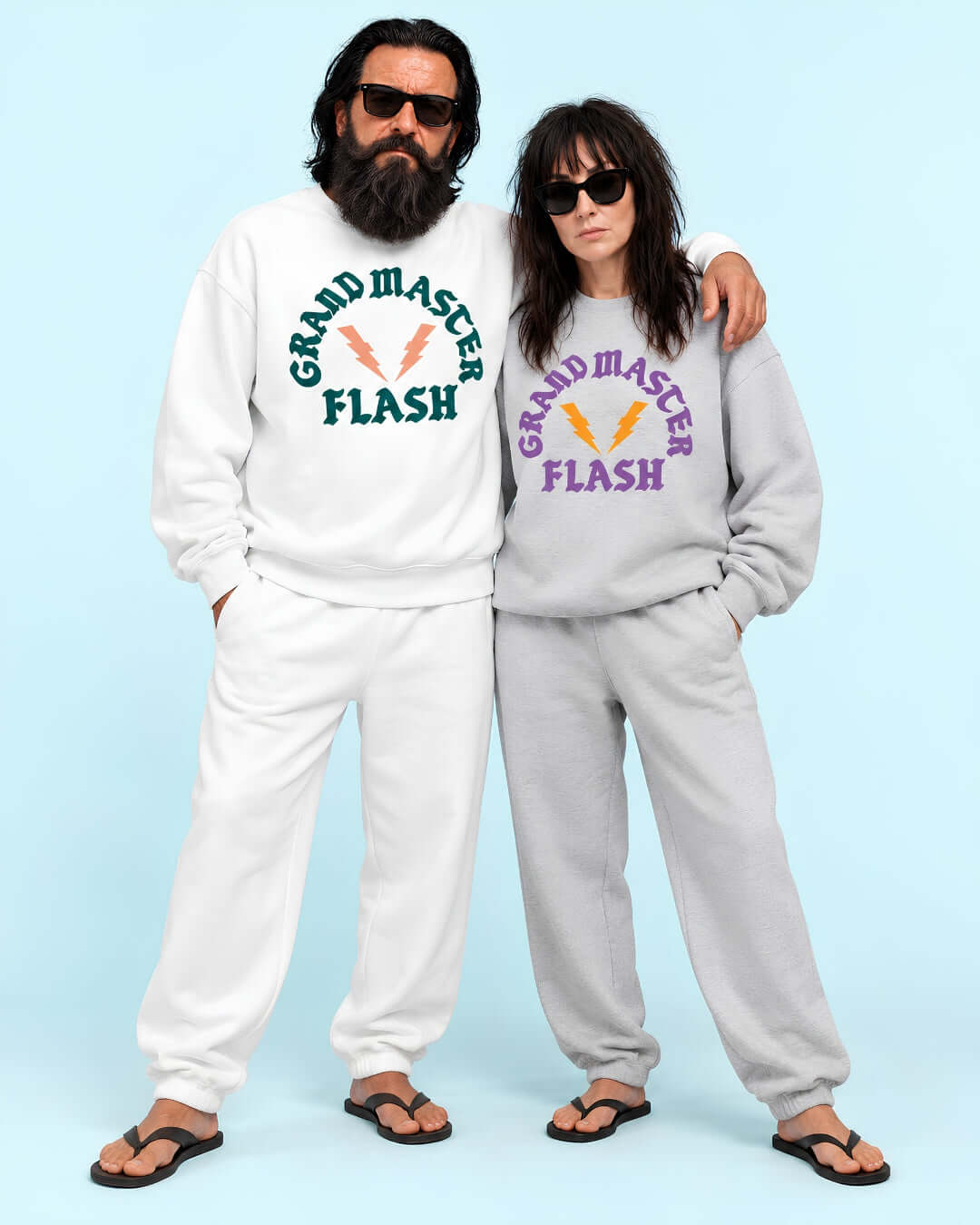 Walter and Helga wearing BINKY Flashback Heavy Sweaters in White and Athletic Heather