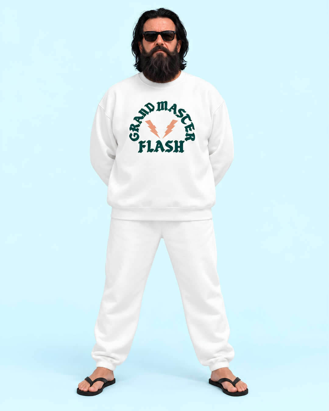 Walter wearing the white BINKY Flashback Heavy Sweater with pine and peach graphic