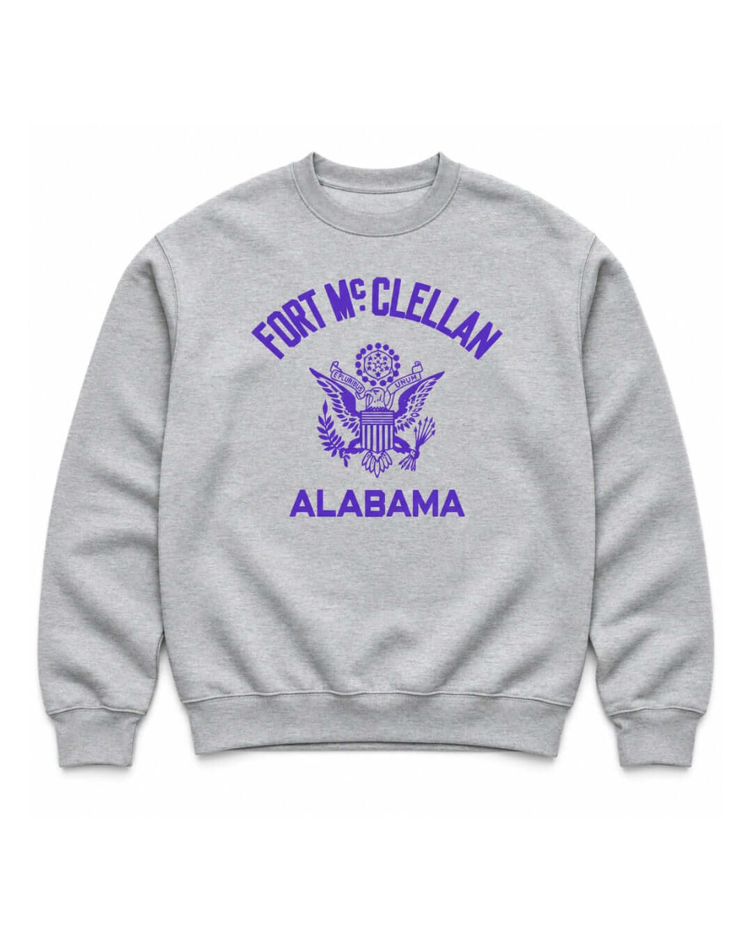 Athletic Heather BINKY Fort McClellan Heavy Sweater with purple eagle-style Alabama front graphic