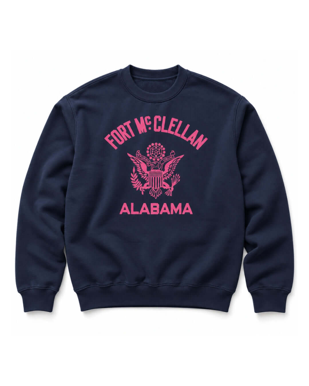 Navy BINKY Fort McClellan Heavy Sweater with pink eagle-style Alabama front graphic