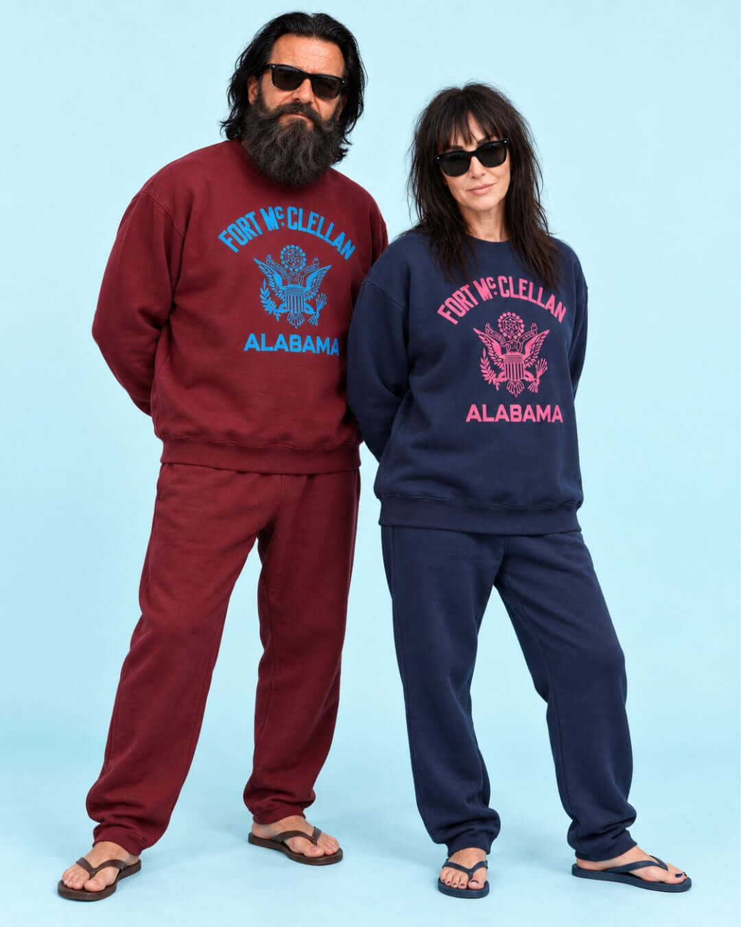 Walter and Helga wearing BINKY Fort McClellan Heavy Sweaters in Maroon and Navy