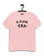 G FUNK ERA T-SHIRT by Binky Comfywear displayed on a hanger, featuring bold typography and a pink color.