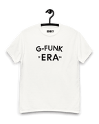 G FUNK ERA T-SHIRT hanging on a hook, featuring bold typography and 1994 print, by Binky Comfywear.