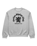 Gerlos Alpine Club Heavy Sweater featuring a bold Griffin crest on a grey sweatshirt, ideal for après-ski fashion.