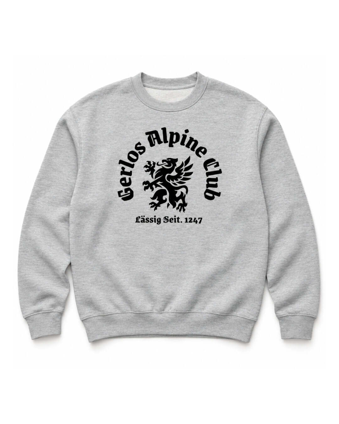 BINKY Gerlos Alpine Club Heavy Sweater in Athletic Heather, front view with vintage alpine club crest graphic.