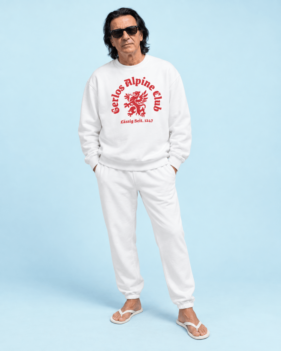 Model wearing Gerlos Alpine Club Heavy Sweater and sweatpants, showcasing winter fashion style.