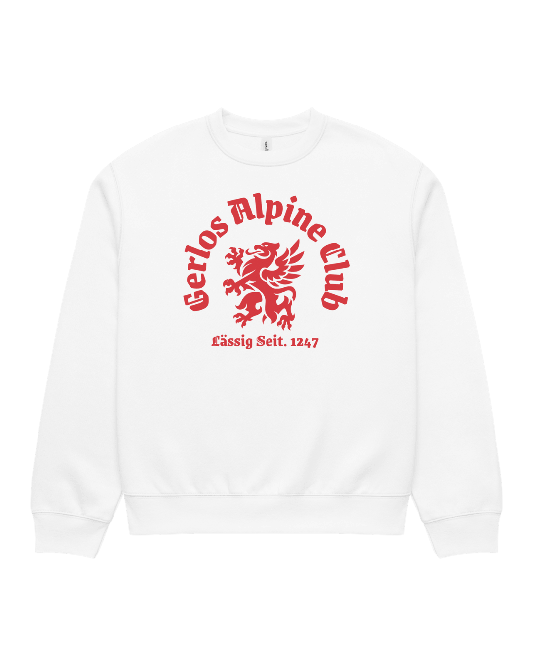 Gerlos Alpine Club Heavy Sweater featuring bold red graphic on a white background, ideal for après-ski wear.