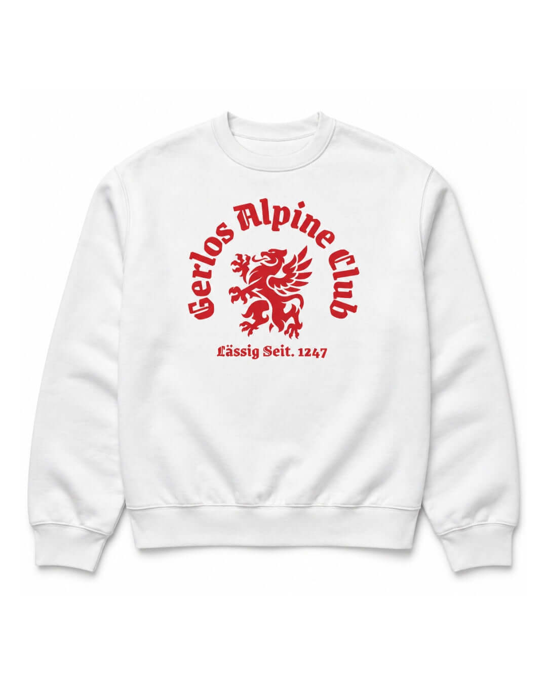 BINKY Gerlos Alpine Club Heavy Sweater in White, front view with red vintage alpine club crest graphic.