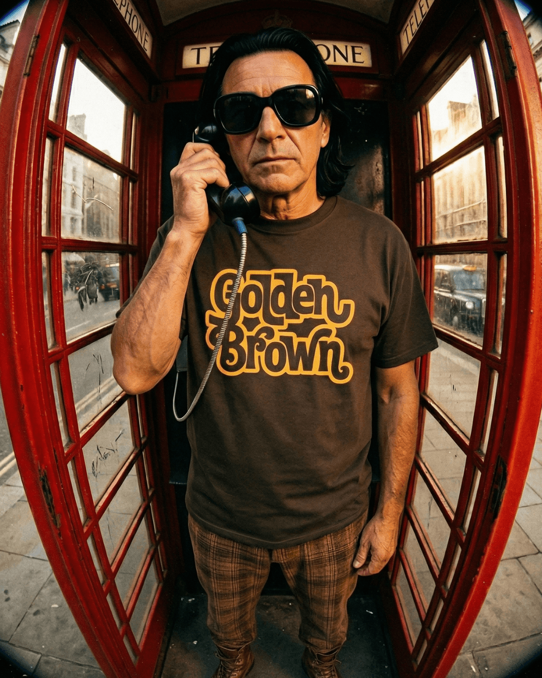 Man wearing GOLDEN BROWN T-SHIRT | THE ULTIMATE GOLDEN HOUR inside a red phone booth.