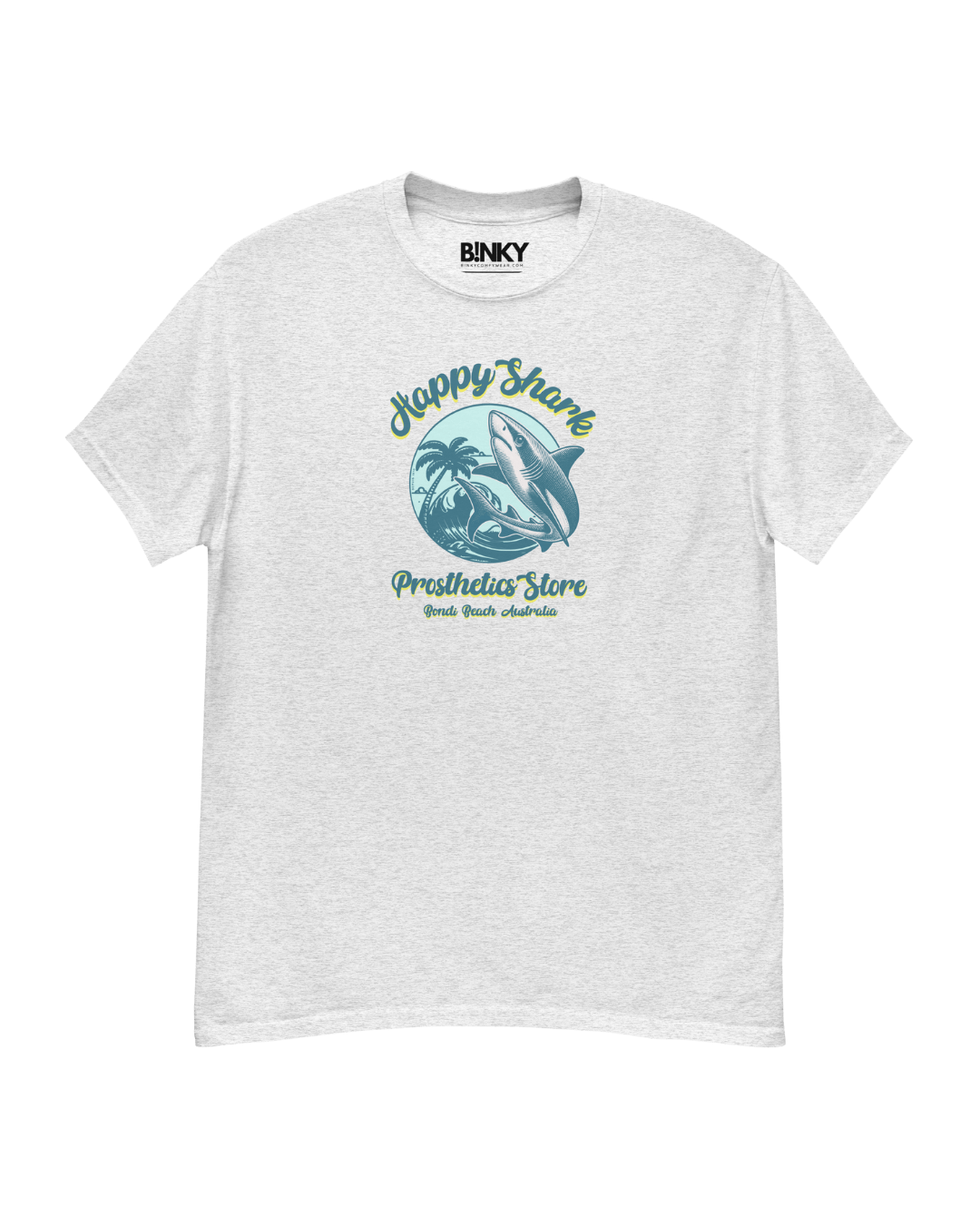 Happy Shark Prosthetics unisex t-shirt featuring a shark design and palms, inspired by Bondi Beach.