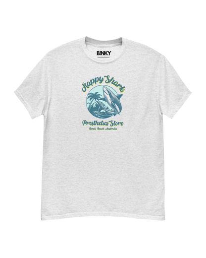 Happy Shark Prosthetics unisex t-shirt featuring a shark design and palms, inspired by Bondi Beach.