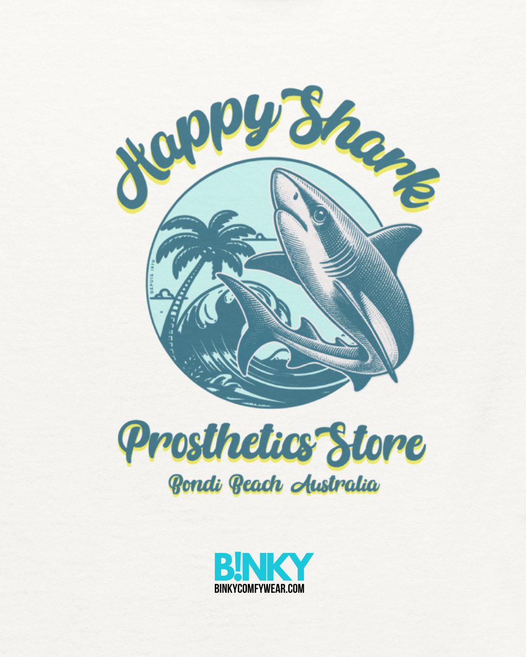 Happy Shark Prosthetics Store graphic, Bondi Beach theme, featuring a shark and tropical elements.