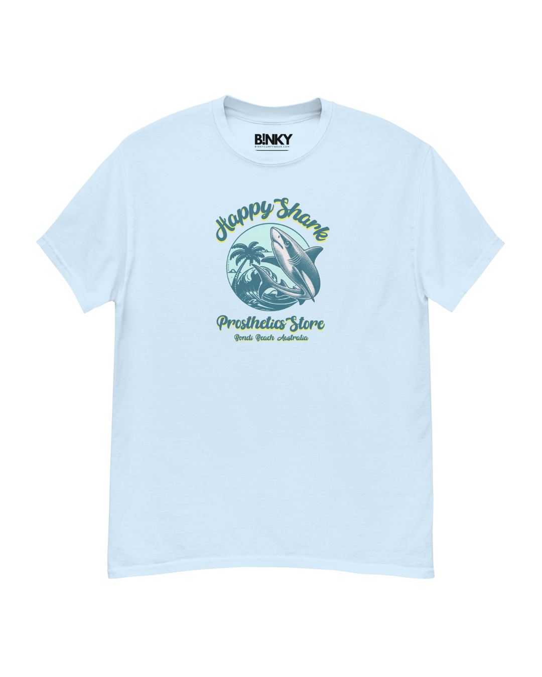 Happy Shark Prosthetics Store unisex t-shirt featuring a shark graphic, perfect for beach and surf lovers.