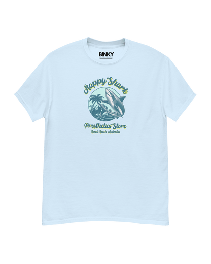 Happy Shark Prosthetics Store unisex t-shirt featuring a shark graphic, perfect for beach and surf lovers.