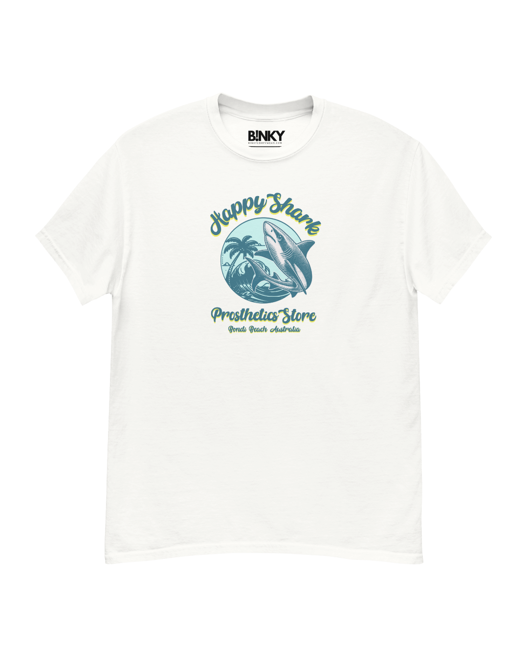 Unisex Happy Shark Prosthetics T-Shirt featuring a beach design, perfect for surf lovers. Available at Bondi Beach!