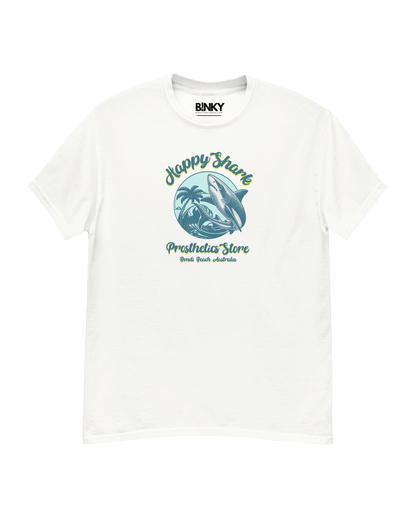 Unisex Happy Shark Prosthetics T-Shirt featuring a beach design, perfect for surf lovers. Available at Bondi Beach!