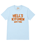 Hell's Kitchen New York T-Shirt | West Side Heat in light blue with bold orange text.