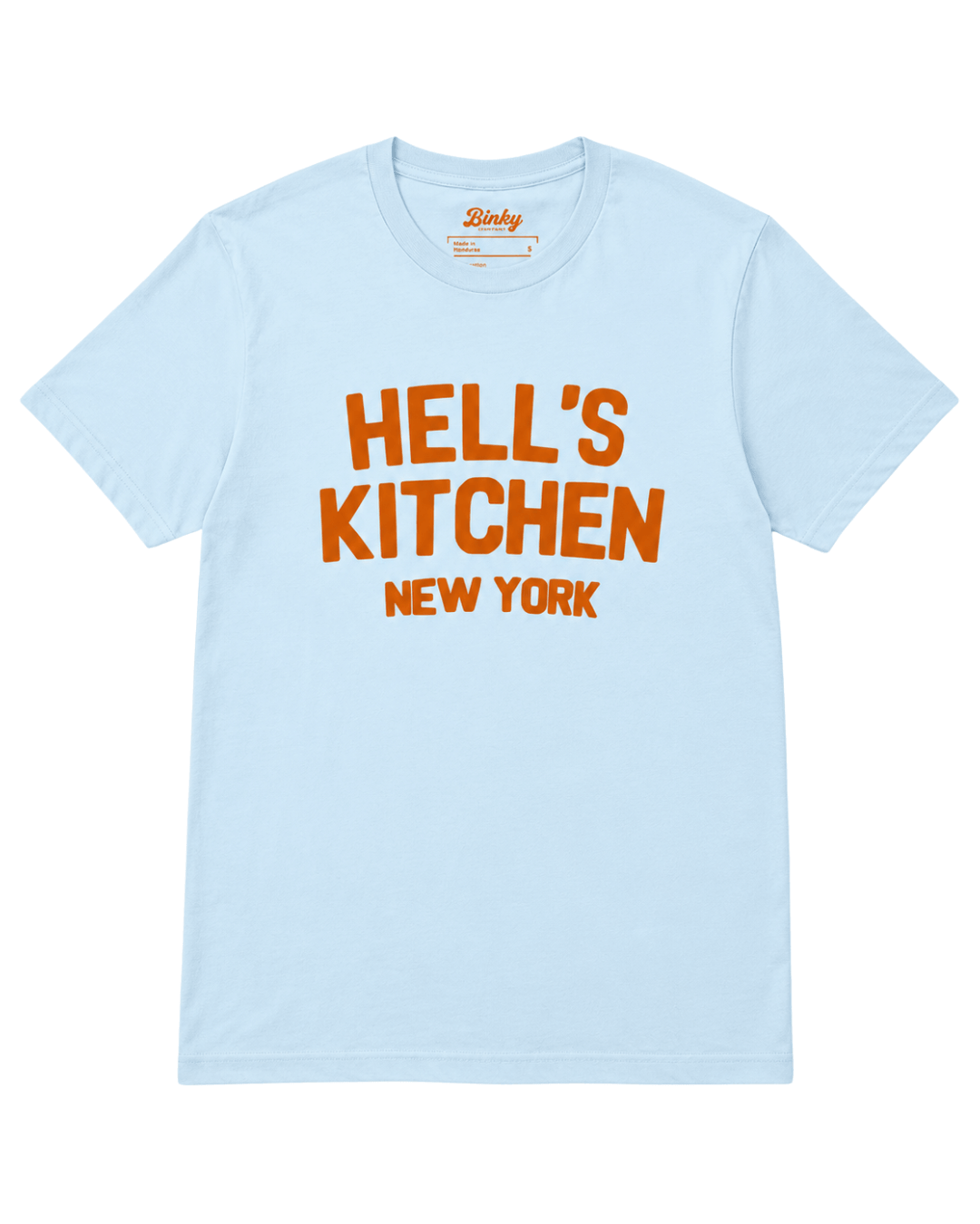 Hell's Kitchen New York T-Shirt | West Side Heat in light blue with bold orange text.