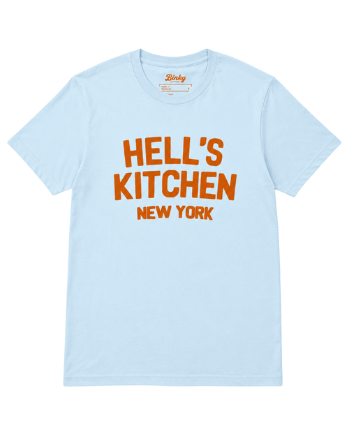Hell's Kitchen New York T-Shirt | West Side Heat in light blue with bold orange text.