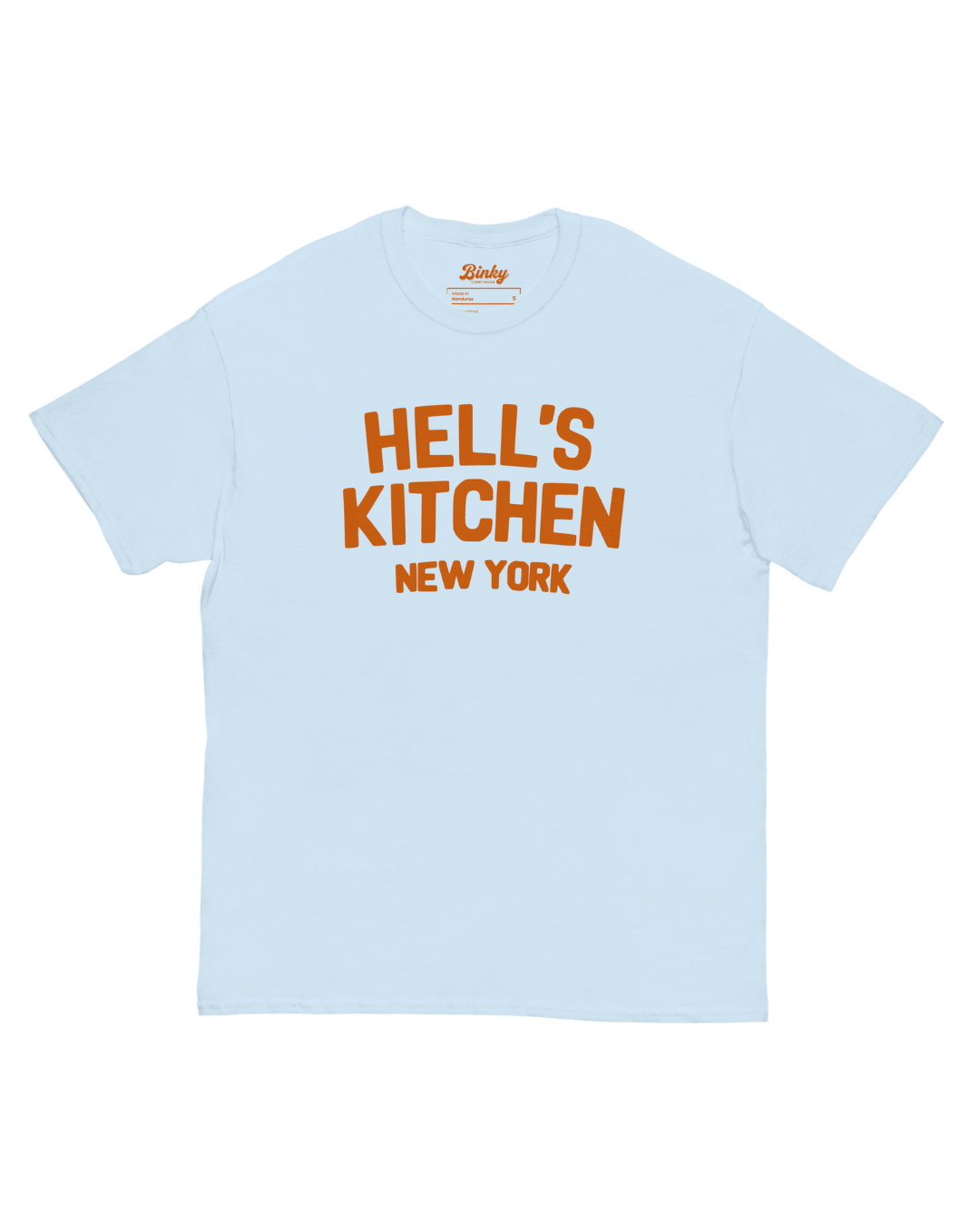 Hell's Kitchen New York T-Shirt in Light Blue with bold orange front lettering