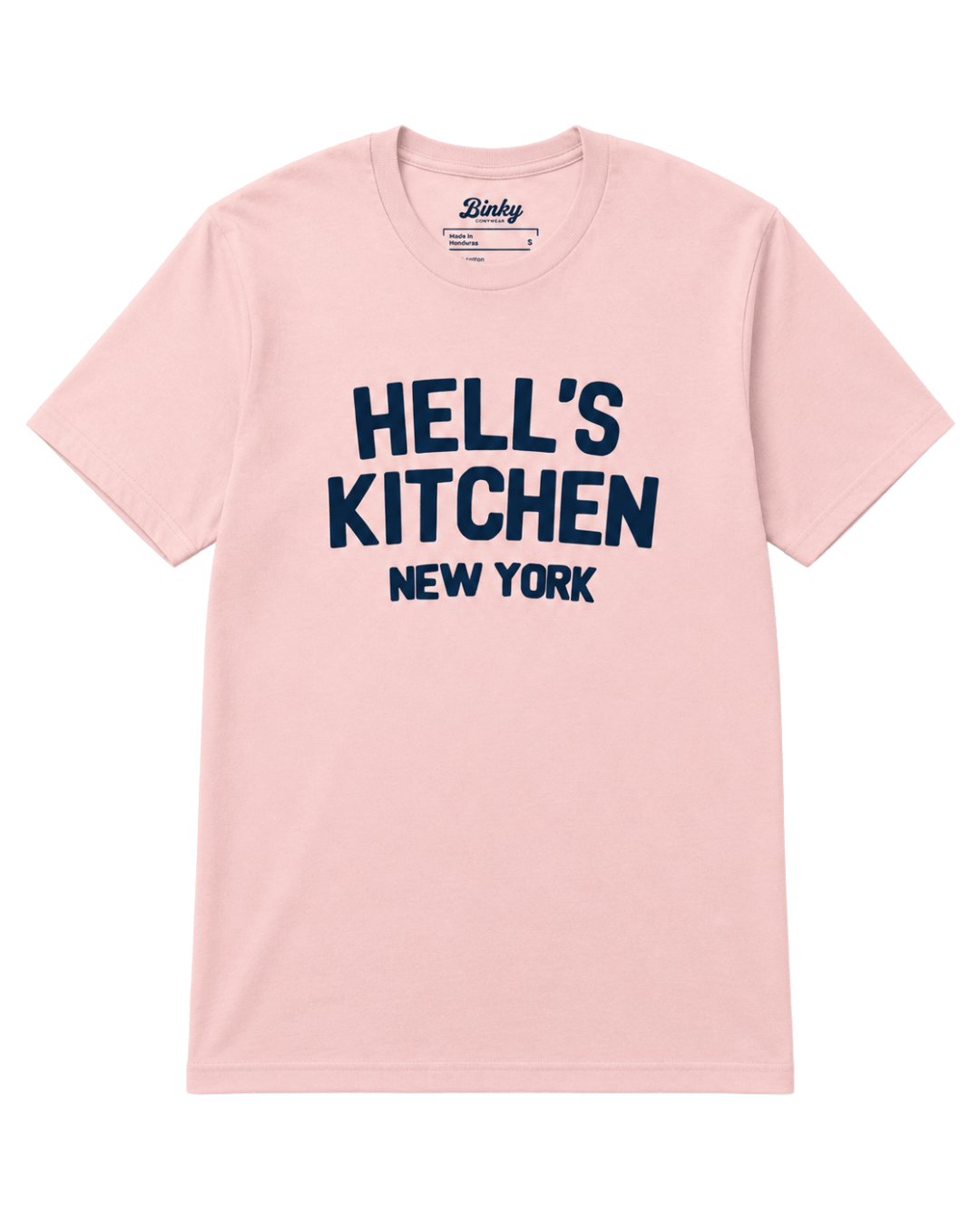 Hell's Kitchen New York T-Shirt | West Side Heat in light pink with bold navy lettering.