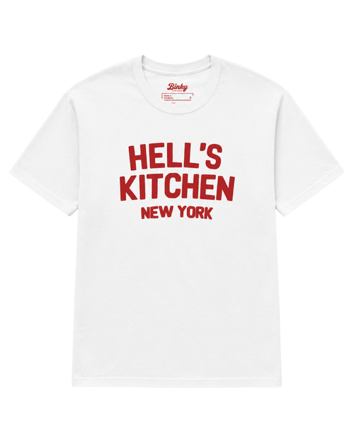 Hell's Kitchen New York T-Shirt | West Side Heat on a white background, featuring bold red lettering.