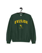 HOFSTAD EST 1230 SWEATER in dark green with yellow design, representing The Hague culture and history.