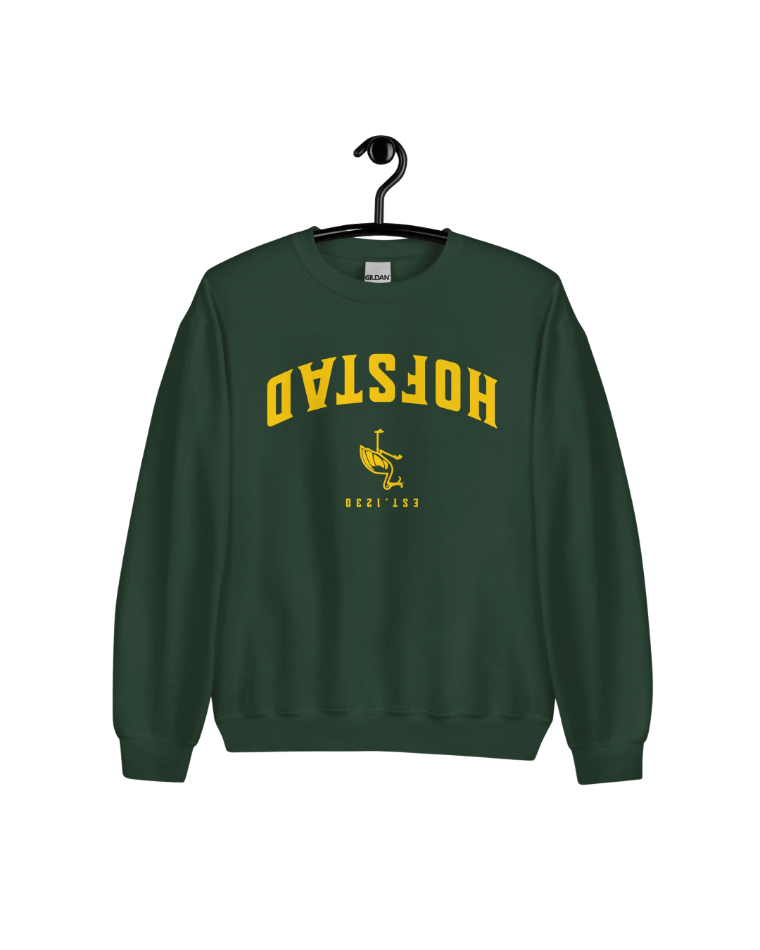 HOFSTAD EST 1230 SWEATER in dark green with yellow design, representing The Hague culture and history.