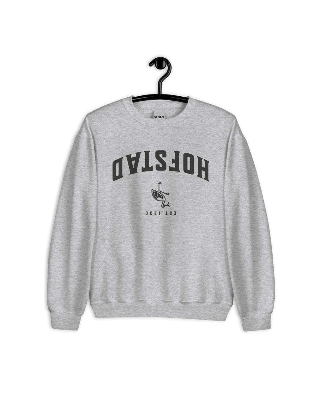 HOFSTAD EST 1230 SWEATER hanging display with iconic Hague stork and unique upside-down design for Dutch locals.