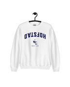 HOFSTAD EST 1230 SWEATER displayed on a hanger, featuring upside-down design and iconic Hague stork symbol.