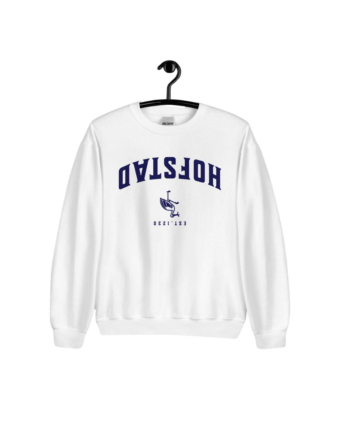 HOFSTAD EST 1230 SWEATER displayed on a hanger, featuring upside-down design and iconic Hague stork symbol.