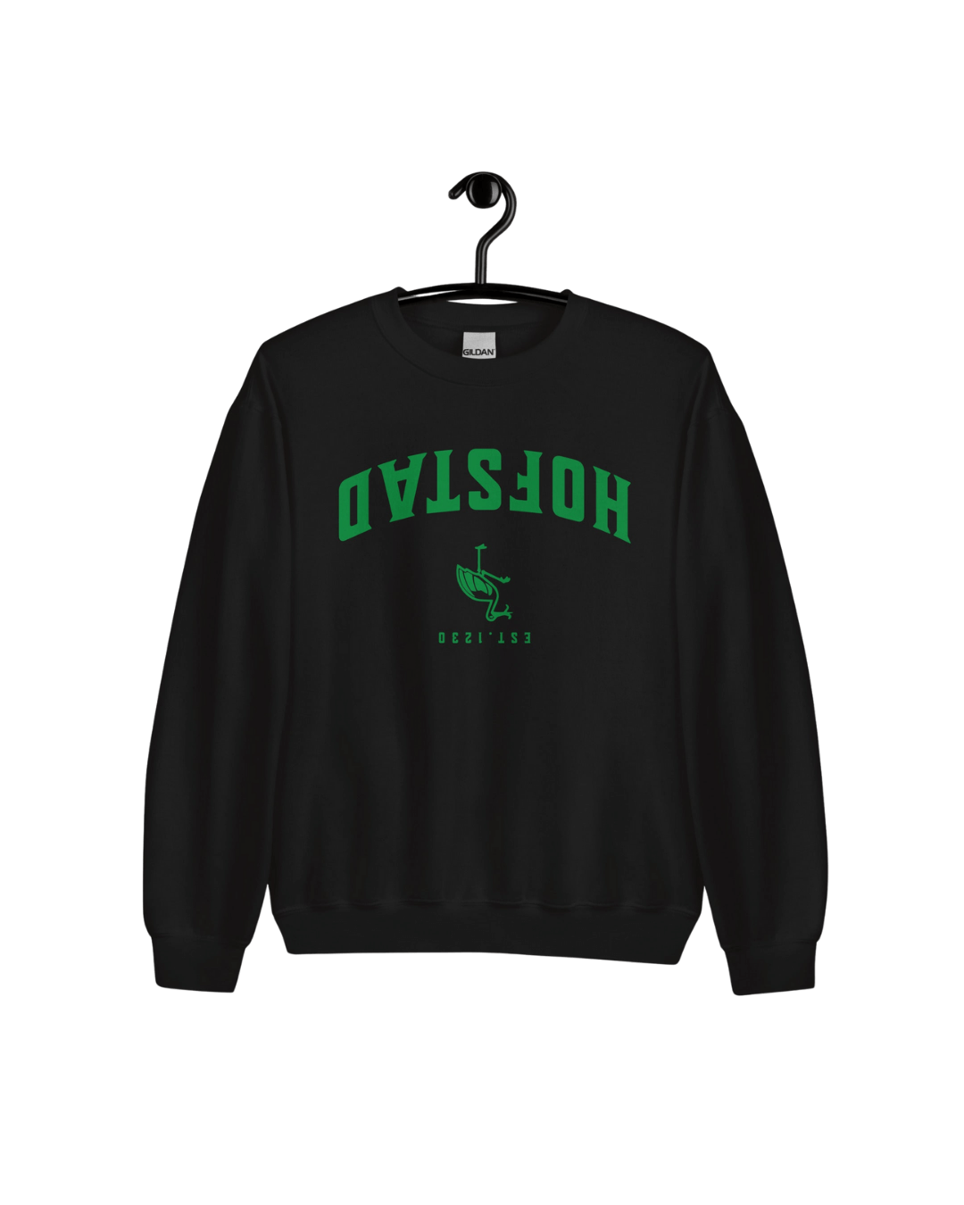 HOFSTAD EST 1230 SWEATER in black with green print, symbolizing The Hague's culture and identity.