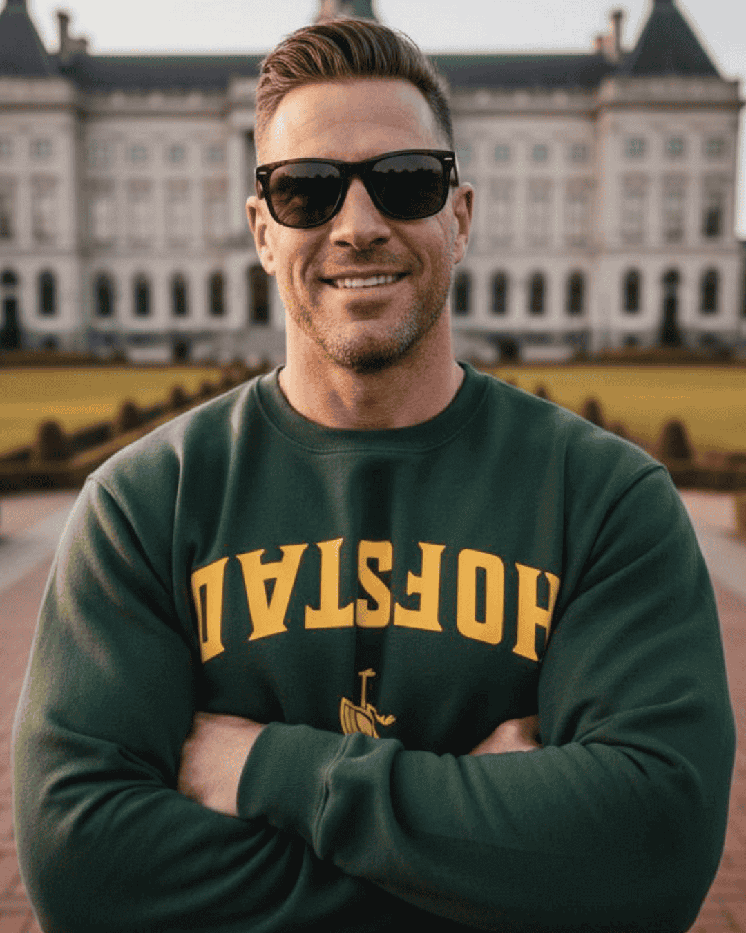 Man wearing HOFSTAD EST 1230 SWEATER in front of a historic building in The Hague.