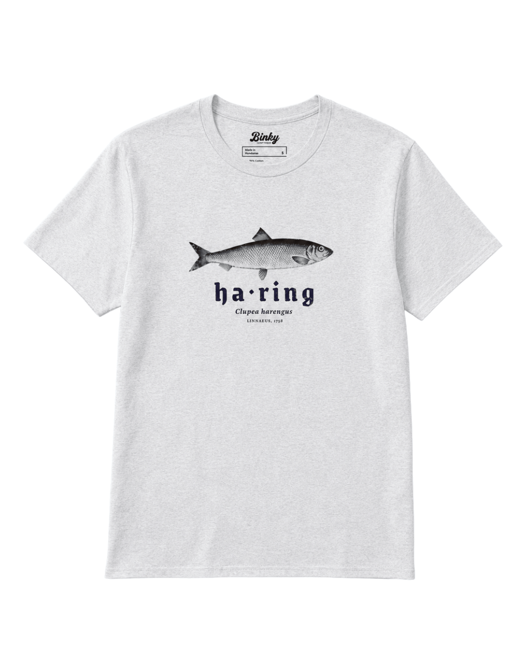 Herring T-Shirt | Dutch Classic Raw featuring a fish graphic on a light gray shirt.