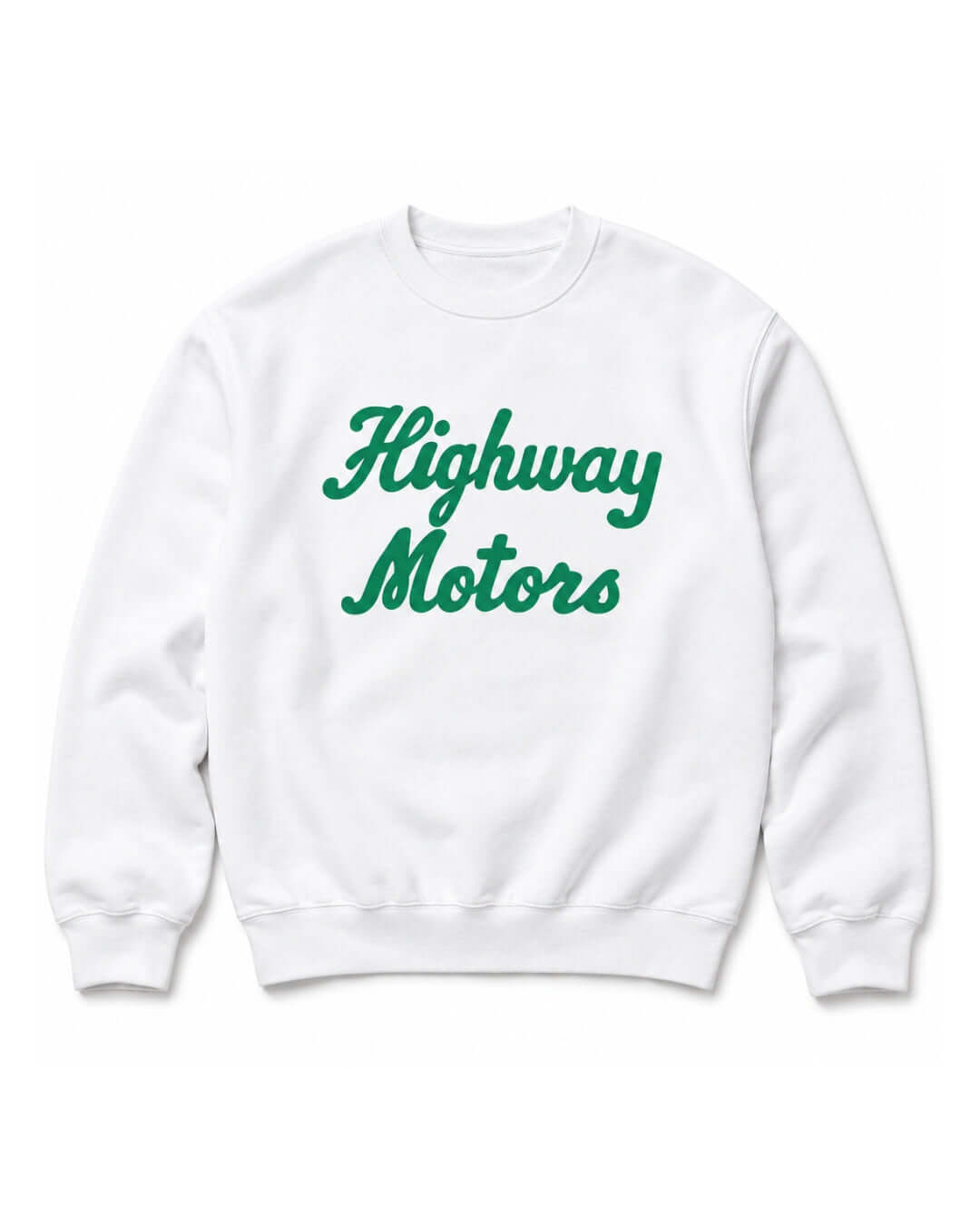 White BINKY Highway Motors Heavy Sweater with green script front graphic