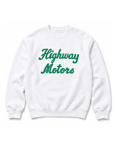 White BINKY Highway Motors Heavy Sweater with green script front graphic