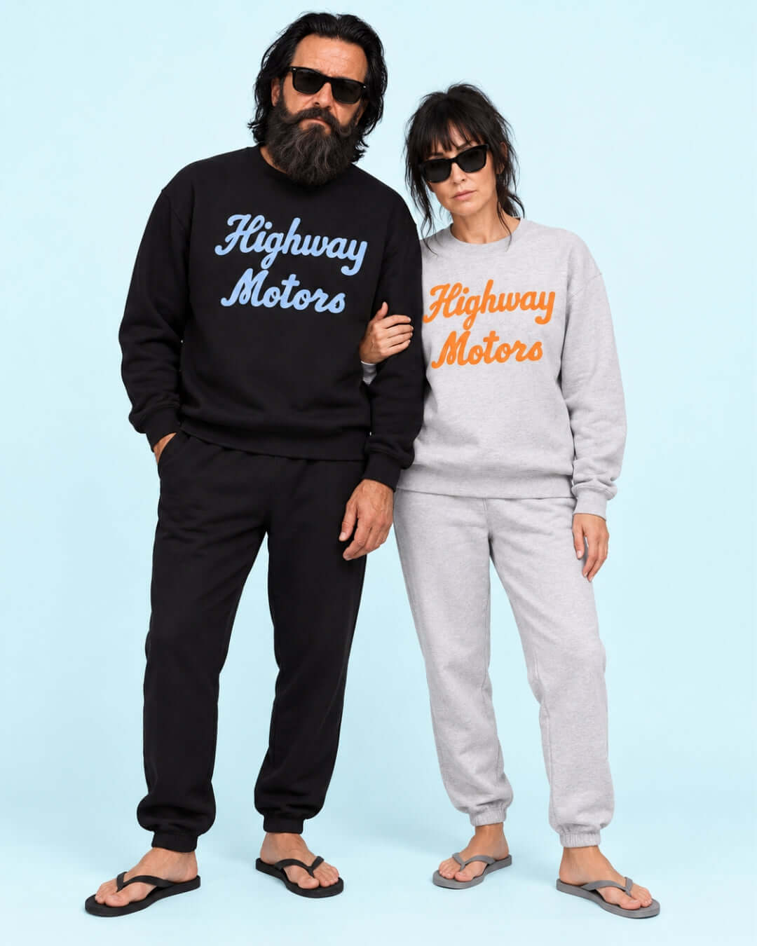Walter and Helga wearing BINKY Highway Motors Heavy Sweaters in Black and Athletic Heather