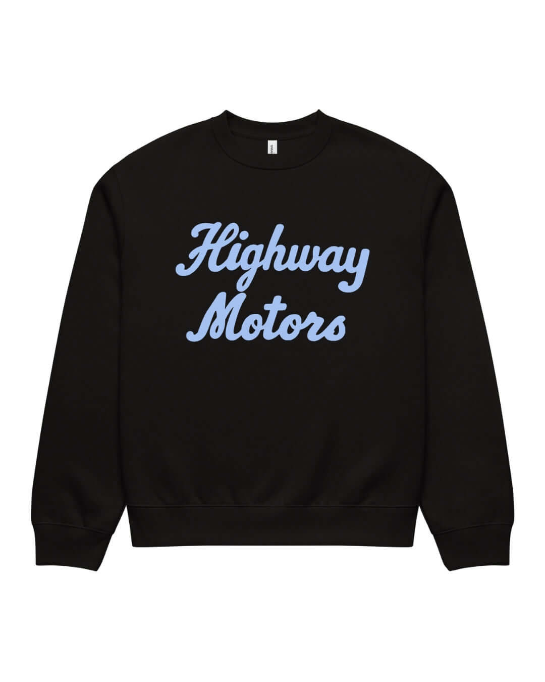 Black BINKY Highway Motors Heavy Sweater with light blue script front graphic