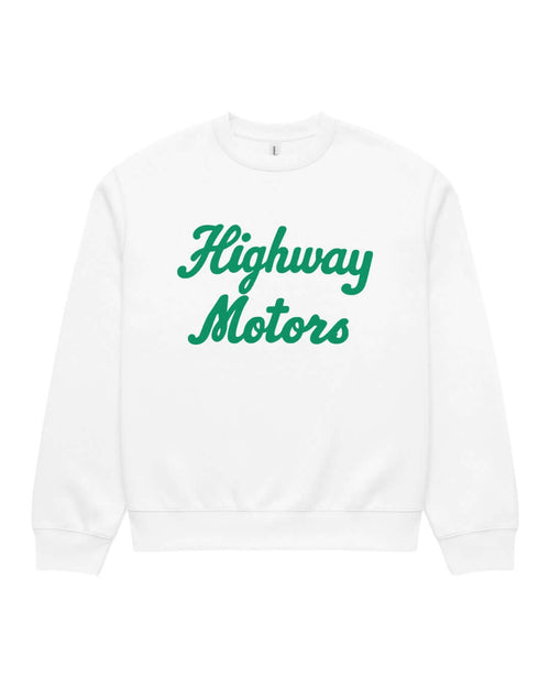 White BINKY Highway Motors Heavy Sweater with green script front graphic