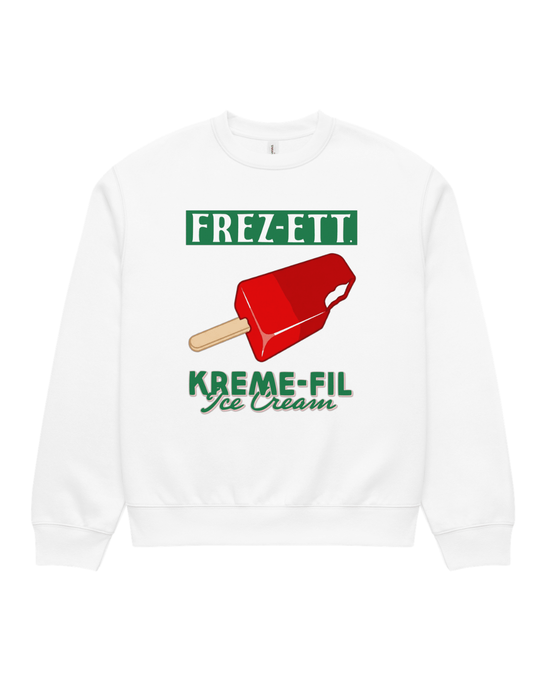 Ice Cream Heavy Sweater in White, front view showing the oversized fit and colourful FREZ-ETT. graphic with a red ice cream bar and KREME-FIL lettering.