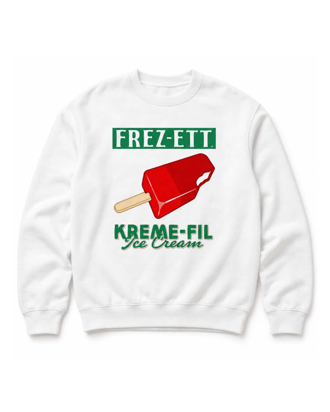 BINKY Ice Cream Heavy Sweater in White, front view with colourful FREZ-ETT. KREME-FIL graphic and red ice cream bar.