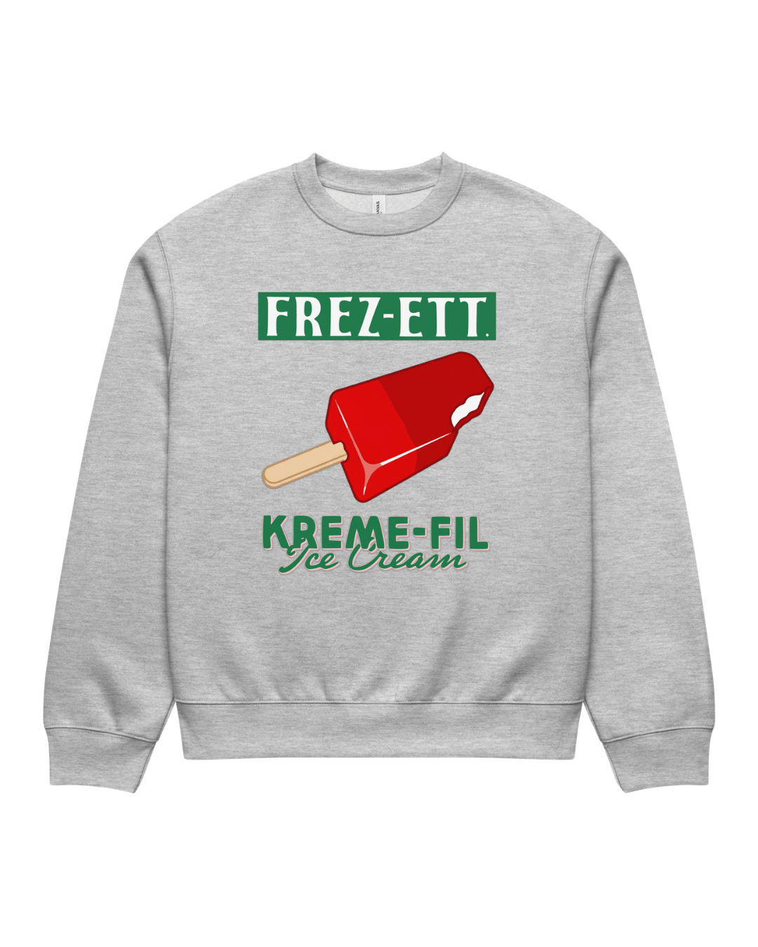 Ice Cream Heavy Sweater in Athletic Heather, front view with oversized heavyweight fit and colourful FREZ-ETT. KREME-FIL frozen treat graphic.