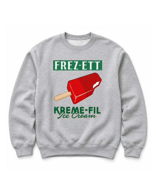 BINKY Ice Cream Heavy Sweater in Athletic Heather, front view with colourful FREZ-ETT. KREME-FIL ice cream graphic.