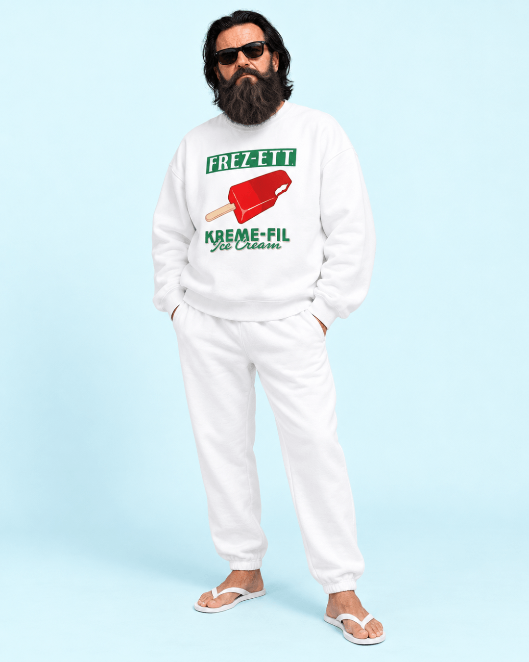 Ice Cream Heavy Sweater worn by a person, showcasing bright graphics inspired by freezer-case memories.