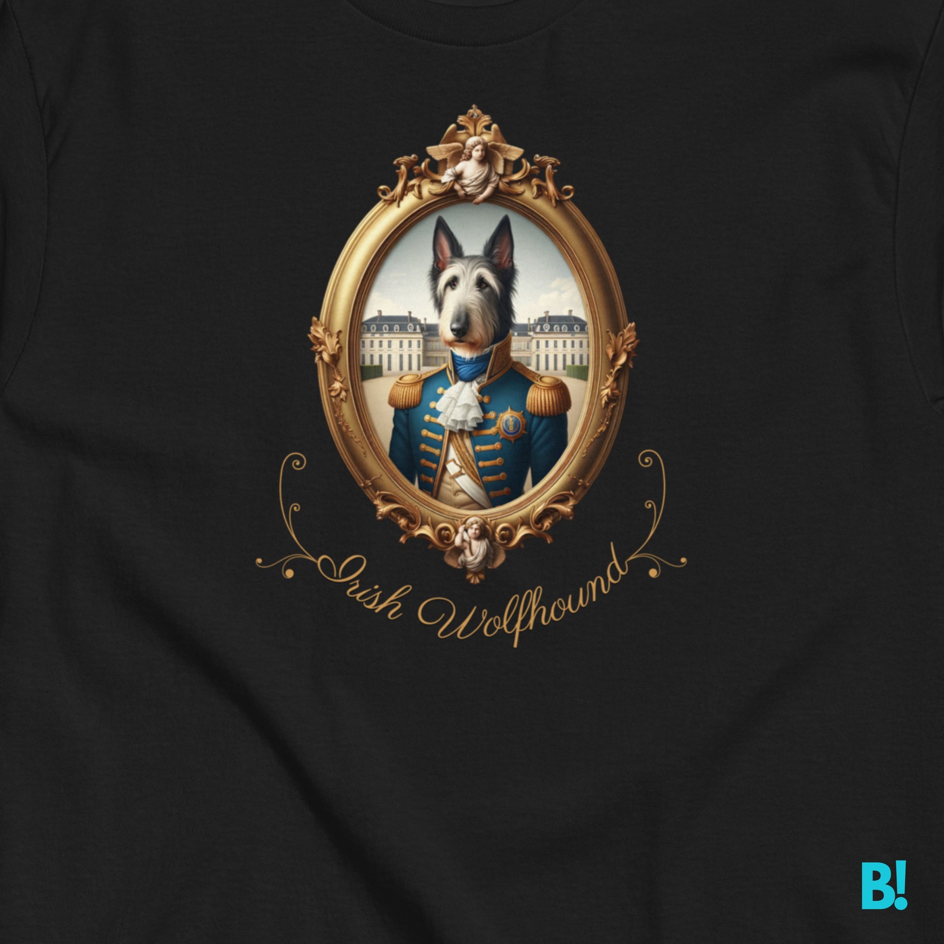 Irish Wolfhound Napoleon-style portrait on black cotton shirt, available in 7 colors, with size guide in gallery