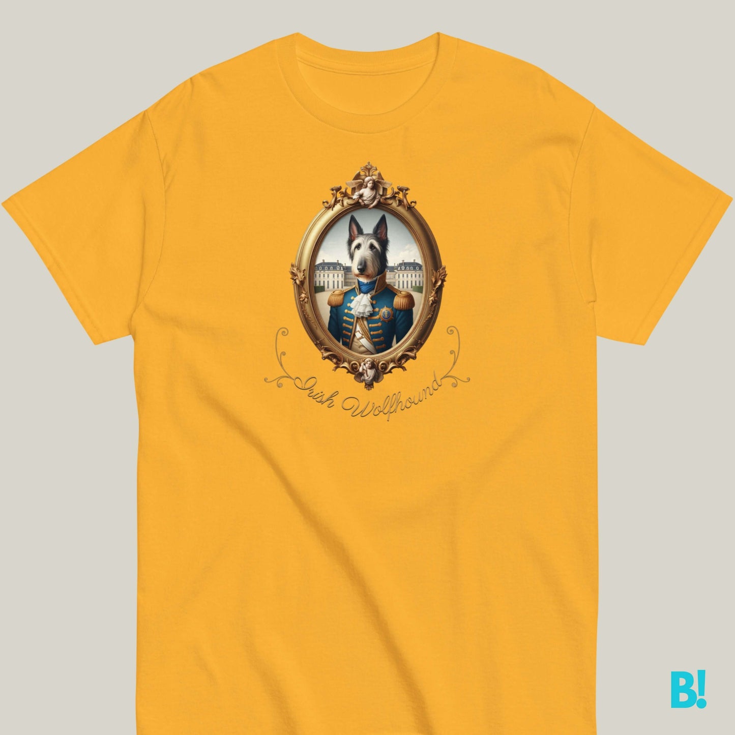 Yellow t-shirt featuring Napoleon-style portrait of an Irish Wolfhound, 100% cotton, available in 7 colors