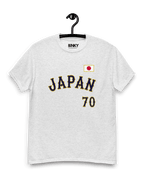 JAPAN BANCHO 70 T-SHIRT hanging on a hook, featuring retro design and Japanese flag, by Binky Comfywear.