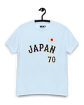 JAPAN BANCHO 70 T-SHIRT displayed on a hanger, featuring a retro design with Japan flag emblem.