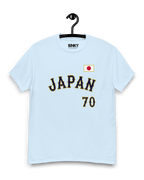 JAPAN BANCHO 70 T-SHIRT displayed on a hanger, featuring a retro design with Japan flag emblem.
